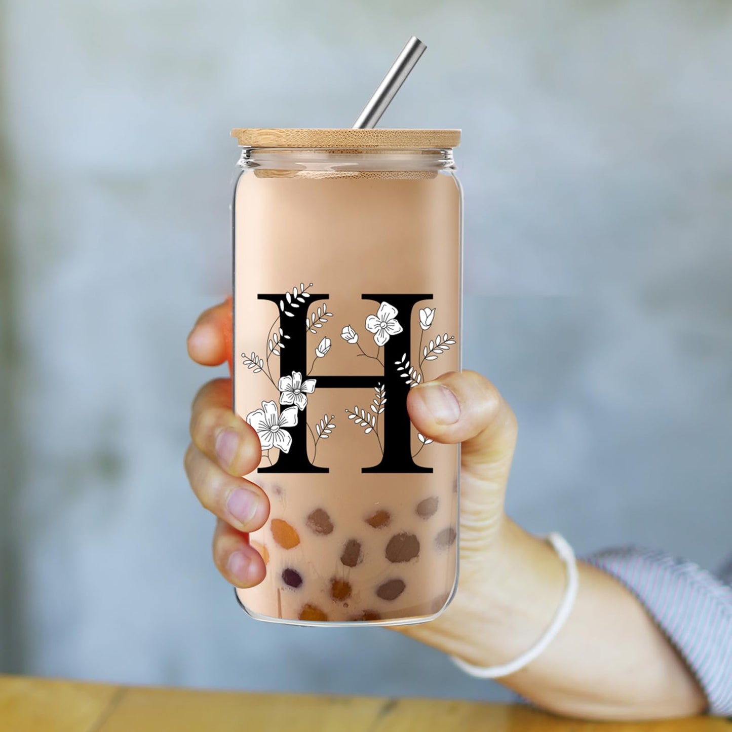 Monogrammed Initial Glass Cup with Lids and Straws gift for Women | Personalized Gift Set with Doll, 16 Oz Ice Coffee Cup ,reusable glass tumbler,Birthday Christmas Gift for Her,U WN420