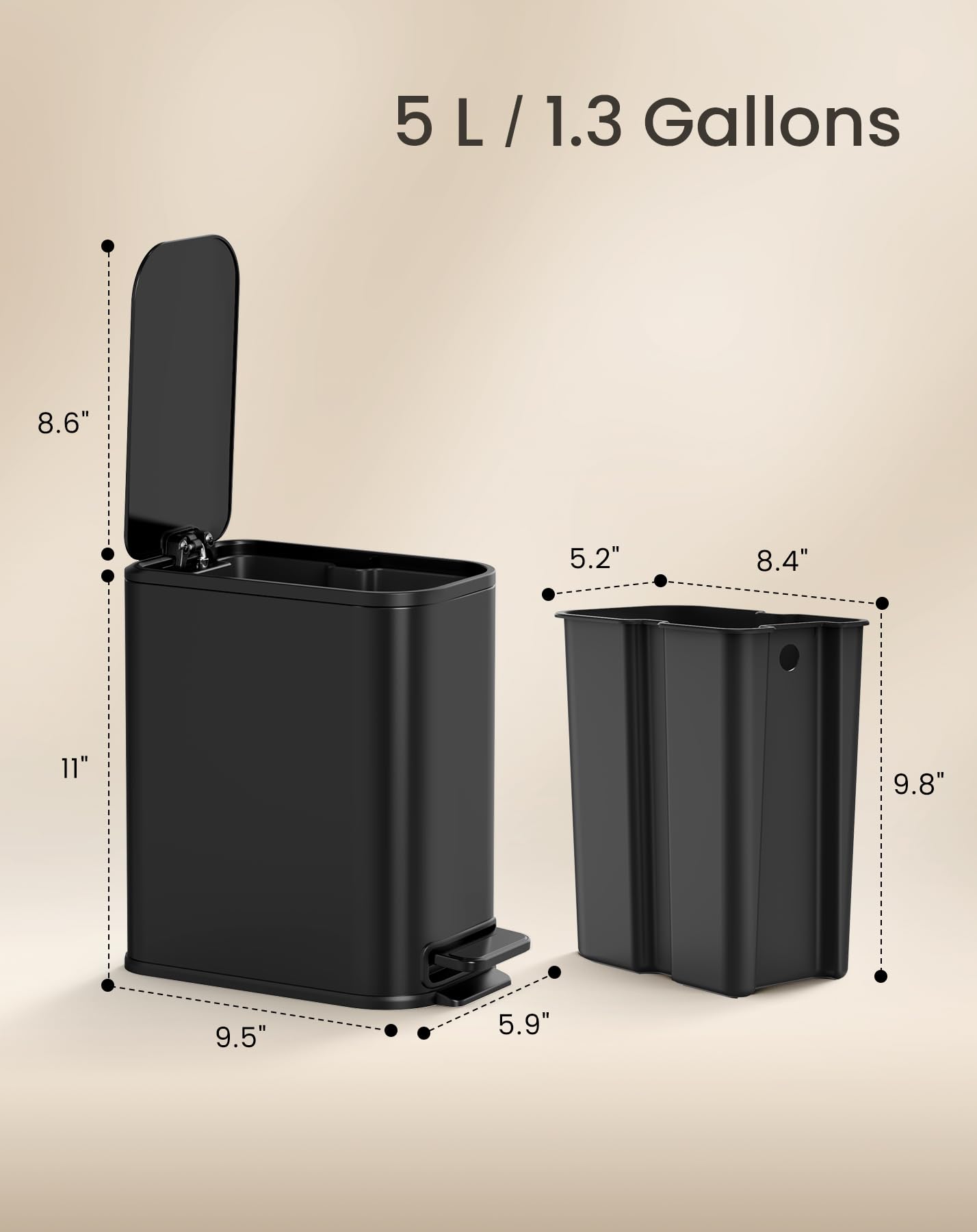 Cesun Small Bathroom Trash Can with Lid Soft Close, Step Pedal, 5 Liter / 1.3 Gallon Stainless Steel Garbage Can with Removable Inner Bucket, Waste Basket for Bathroom, Bedroom (White) DD1210