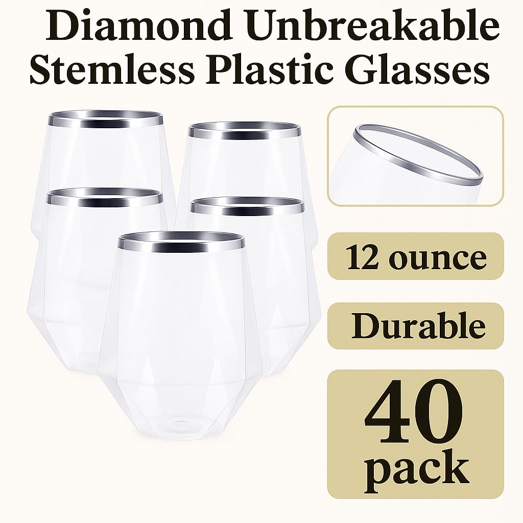 Oojami 40 Pack Diamond Disposable Plastic Wine Glasses 12oz for Parties | Stemless Wine Cups, Champagne Cocktail Whiskey - Shatterproof Unbreakable Reusable Recyclable BPA-Free, Weddings Birthday BST220