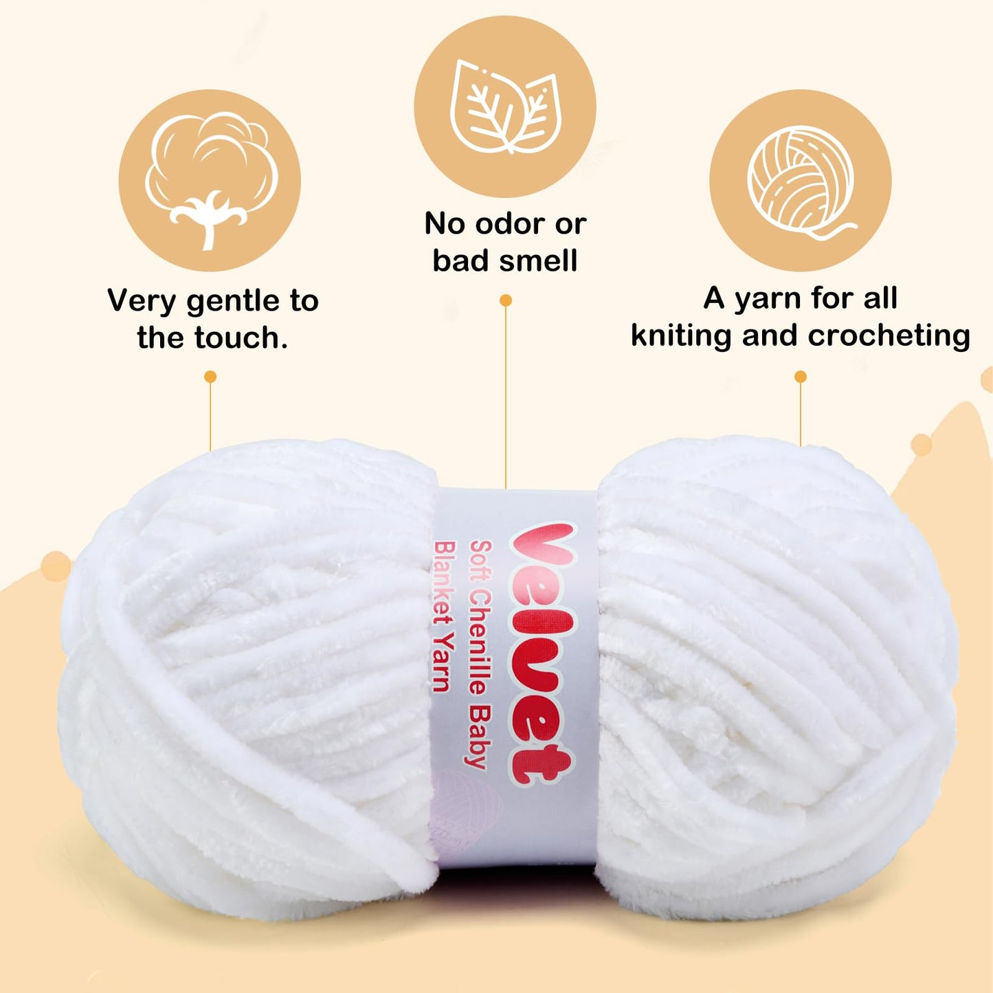 Soft Velvet Chenille Yarn for Crocheting & Knitting - Bulky Yarn for DIY Weaving Crafts Beige (3.5oz 66yds/Skein) BST326H