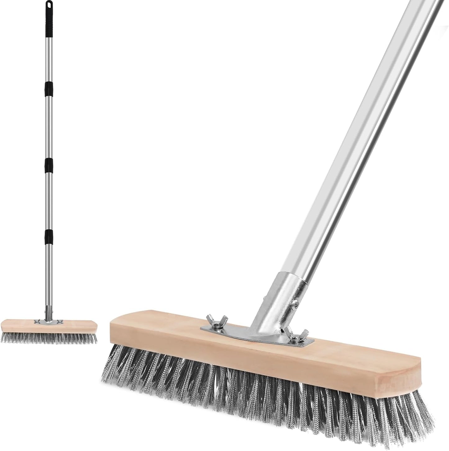 Stainless Steel Wire Scrub Brush with Long Handle, Heavy Duty Floor Scrubber Brush, Moss Remover Wire Broom for Deck, Rough Surface, Concrete Floor, Patio, Garden, Garage BST202