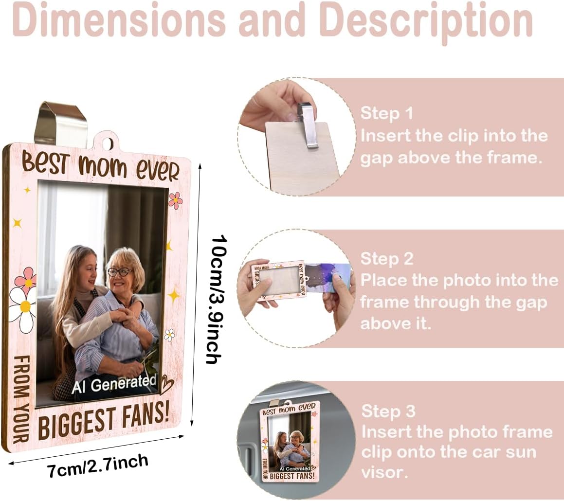 Mommy Birthday Idea, Best Mom Ever Photo Frame Car Decoration Gifts for Grandmother, Wooden Car Hanging Picture Frame, Holds 2 * 2.95 inches Photo BST202