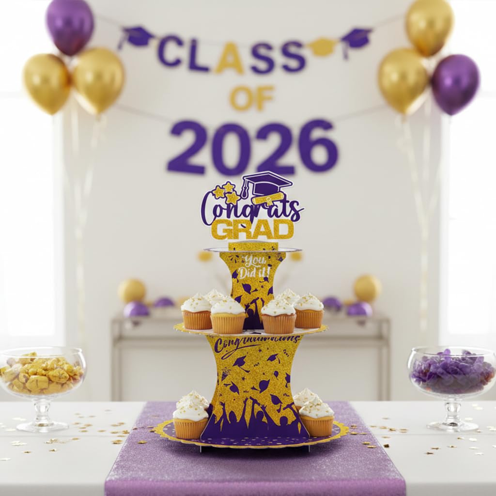 Graduation Cupcake Stand Decoration, 3 Tier Congrats Grad Party Cupcake Holder Tower, Cardboard Grad Theme Dessert Cookies Stand for Graduation Party Supplies Favors (Black & Gold) BST220