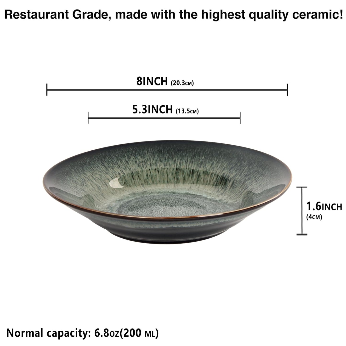 Ceramic Rimmed Soup Plate, Soup Bowl 6.4 oz, Pasta Bowl Set of 4, Shallow Bowl Plate with Rim, Best choice for high-end restaurants, hotels, and foodies, Teal reactive glaze, 9.3 Inch BST202
