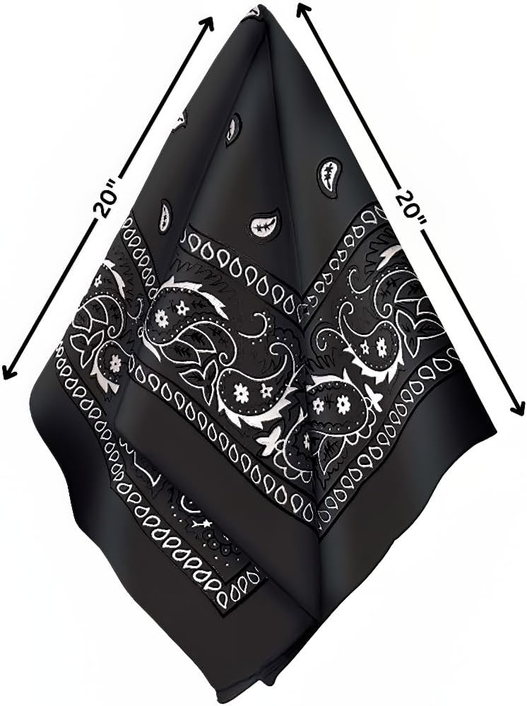 Black Cotton Bandana - 20"x20" (Pack of 1) - Vibrant & Soft, Versatile Accessory for Fashion, Costumes, and Outdoor Adventures WN420