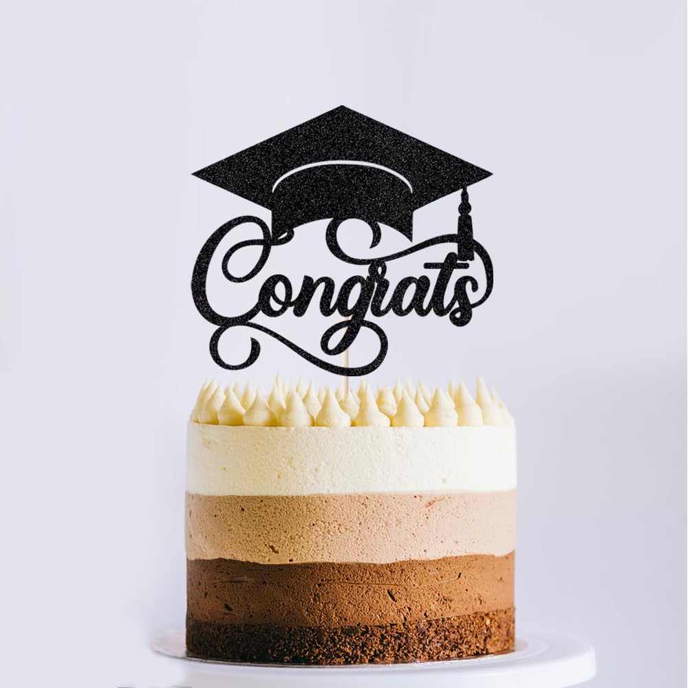 24Pcs Graduation Cupcake Topper, Glitter Class of 2026 Cupcake Topper Supplies for 2026 Congrats Grad Cap Diploma Cake Decor Graduate Celebration Party Cake Decorations Supplies (Black - 24) BST326L