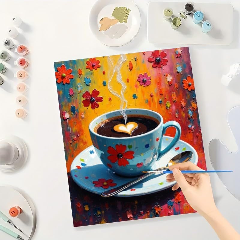 Still Life Paint by Numbers Kit for Adults - DIY Coffee Cup with Heart Steam Painting on Canvas 16x20In, Acrylic Paint Set, Suitable for Beginners, Art for Home Decoration or Gifts WN420
