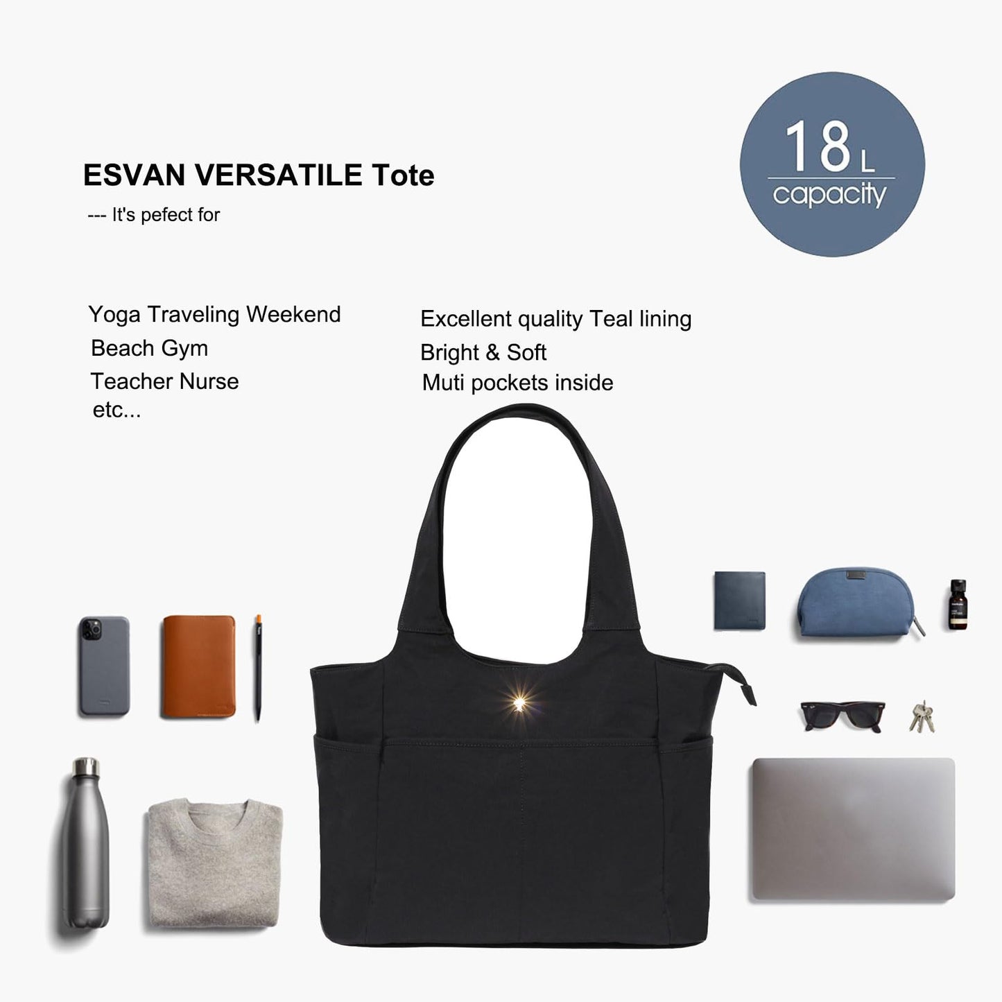 ESVAN Yoga Tote Bag Mat bag Women Shoulder Bags Carryall Tote for Travel Office Workout Gym Nurse Beach BST326H