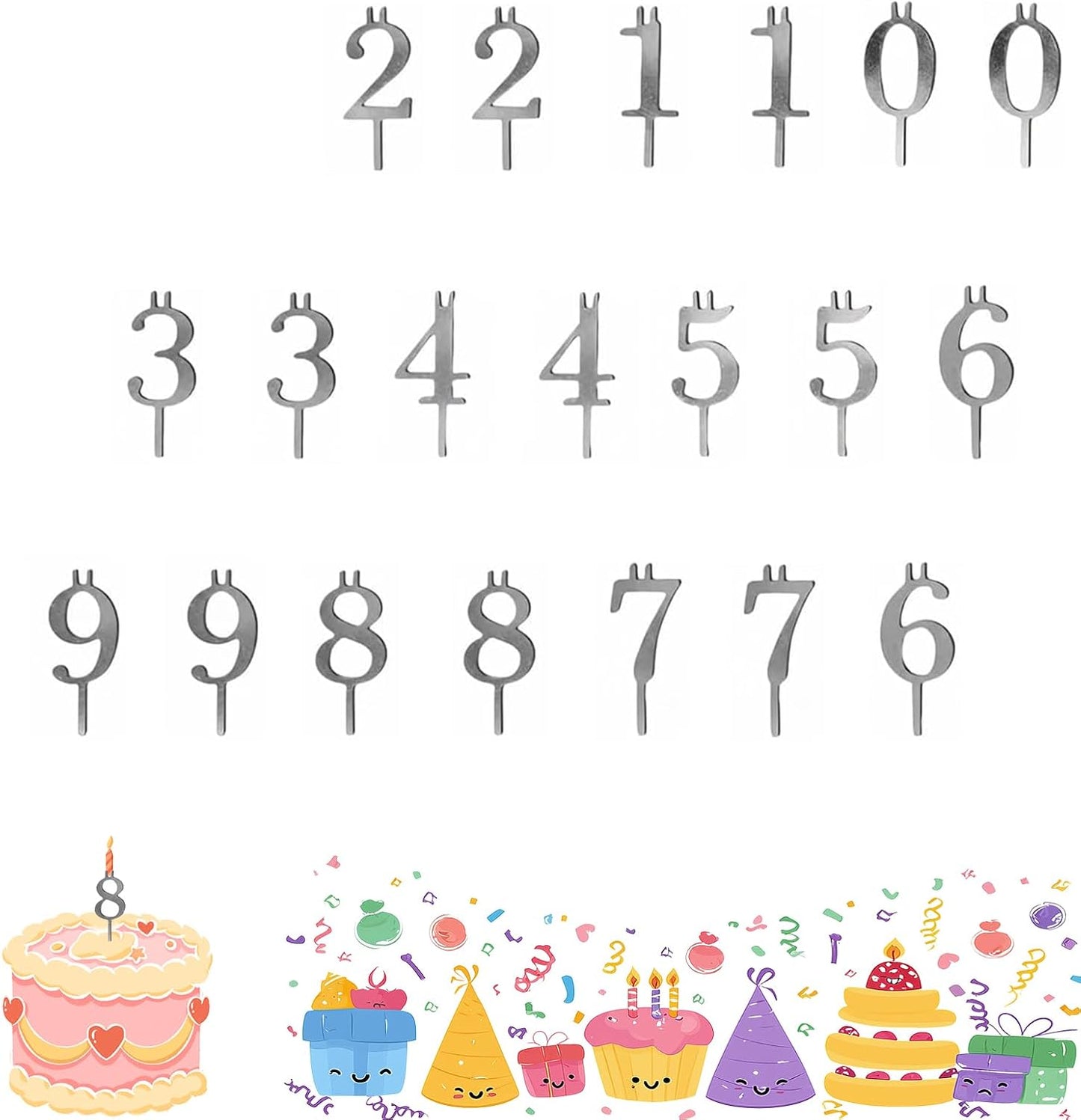 Reusable Number Birthday Candle Holder Set - Birthday Cake Candle Holders Set, 0–9 Digital Cake Candle Holders, Silver Metal Number Cake Toppers for Holiday Celebrations and Birthday Parties (2 Sets) BST326H