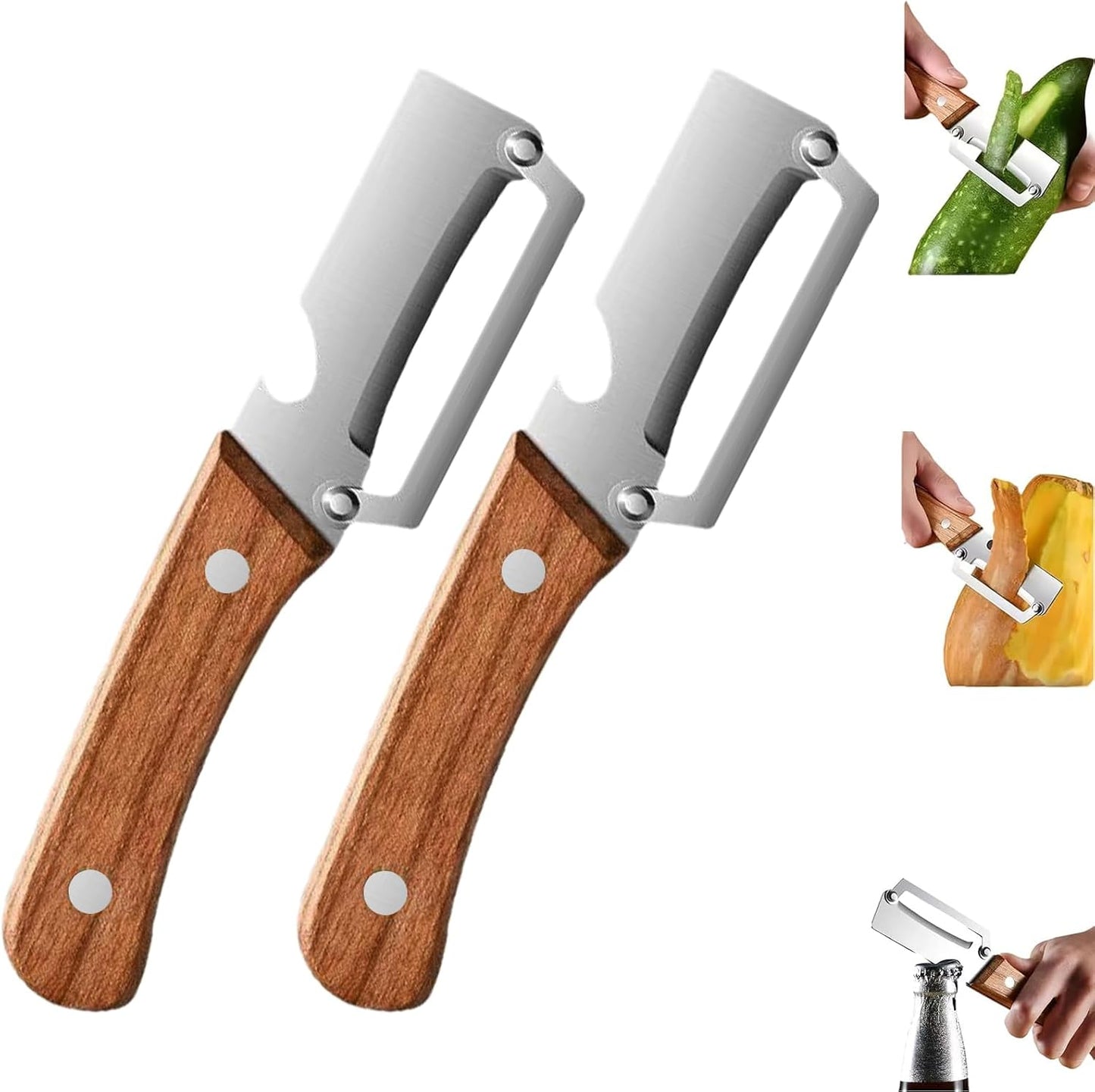 Vegetable Peeler with Wooden Handle and Bottle Opener, 2-in-1 Stainless Steel Kitchen Tool for Fruits, Potatoes, Pumpkins, 2 Pack BST326H