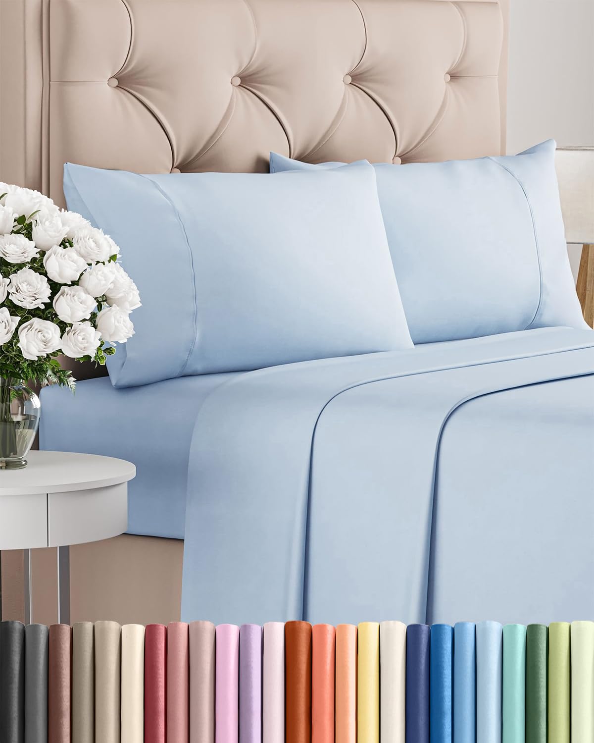 Split King 7 Piece Sheet Set - Comfy Breathable & Cooling - Soft Hotel Luxury Bedding Set with 8-16 Inch Deep Pockets - 1 Flat & 2 Fitted Sheet & 4 Pillowcases - Wrinkle Free & Easy Care - Steel Blue DD1210