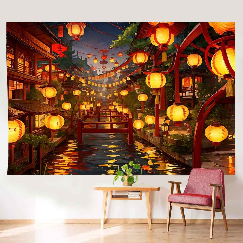 Ine Ive Japanese Tapestry Wall Hanging Large Size 93x71 Inch | Traditional Japan Streets filled with lanterns tapestry for Bedroom Living Room Dorm Office Restaurant Wall Decor BST202