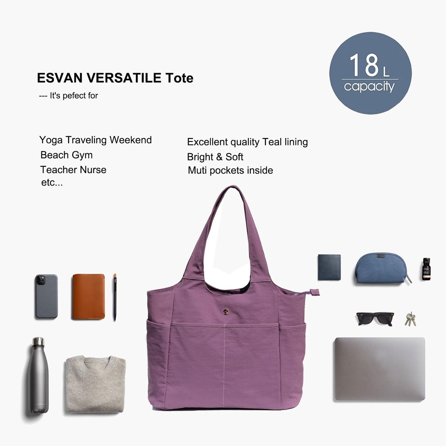 ESVAN Yoga Tote Bag Mat bag Women Shoulder Bags Carryall Tote for Travel Office Workout Gym Nurse Beach BST326H