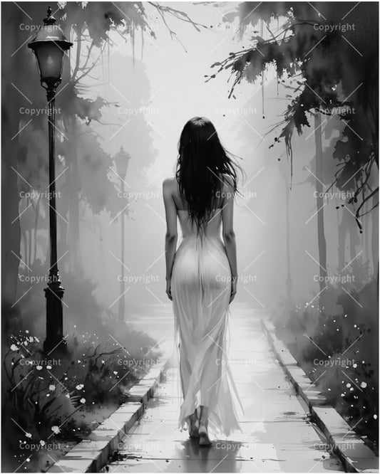 TAOPAOLAB Black and White Paint by Numbers Kit for Adults - DIY Woman Walking in Foggy Forest Path Painting on Canvas 8x12In, Framed Acrylic Paint Set for Beginners, Art for Decoration BST326H