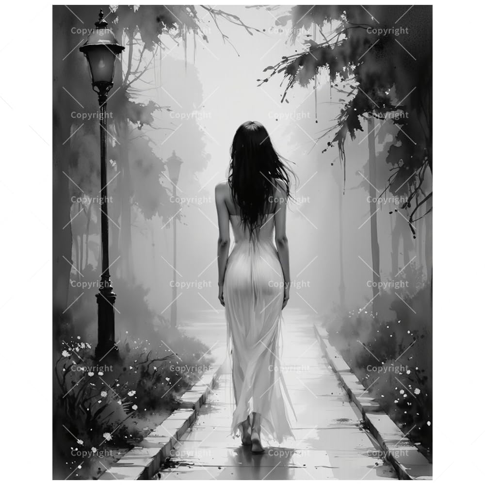 TAOPAOLAB Black and White Paint by Numbers Kit for Adults - DIY Woman Walking in Foggy Forest Path Painting on Canvas 8x12In, Framed Acrylic Paint Set for Beginners, Art for Decoration BST326H