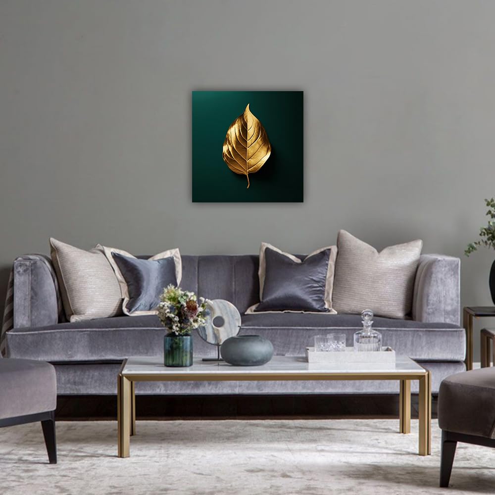 LURENCZH Leaf Canvas Wall Art Golden Leaf Picture Prints Green and Gold Paintings for Living Room Bedroom Decor Framed Ready to Hang(Green-1,12.00" x 12.00") BST326H