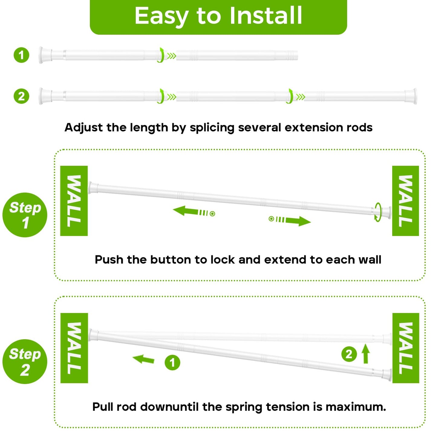 White Shower Curtain Rod 32 to 76 Inches Adjustable, 7/8 Inch Diameter Heavy Duty Tension Curtain Rods No Drill, Rust-Resistant Tension Rod for Bathroom, 1 Pack BST326H