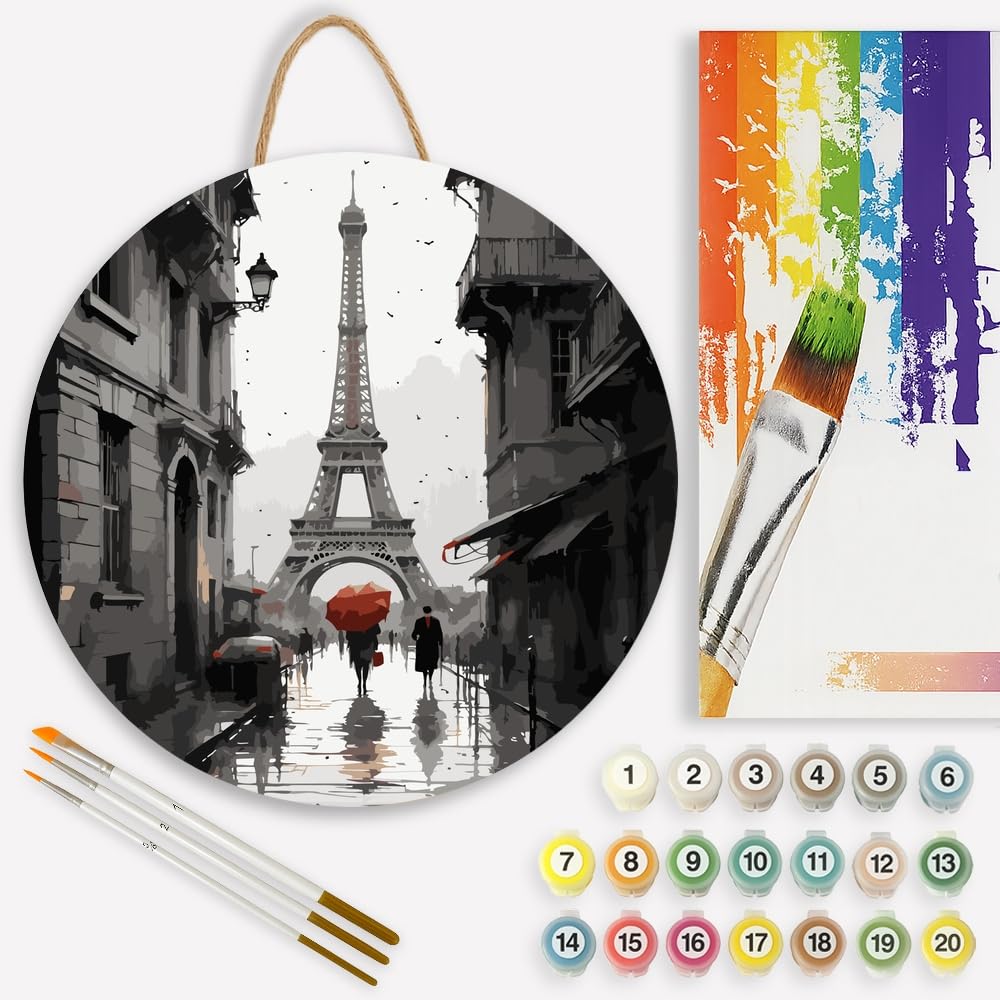 City Street Paint by Numbers Kit for Adults - DIY Eiffel Tower with Red Umbrella in Paris Painting on Canvas 16x20 Inches, Acrylic Paint Set, Suitable for Beginners,Travel Art for Decoration BST326H