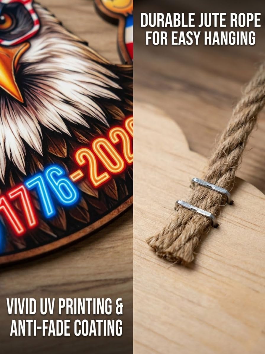 USA 250th Anniversary Wooden Door Sign, 1776-2026 Commemorative Bald Eagle Patriotic Wall Hanging Decor, Cheers to Freedom Party Wreath for July 4th Home Porch Decor (250year-1) BST202