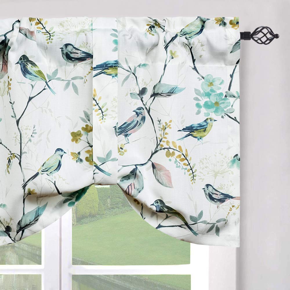 Leeva Tie Up Valance for Windows, Elegant Birds Pattern Light Filtering Window Treatment Valances for Bedroom Kitchen, One Panel, 52 x 18, Light Blue BST220