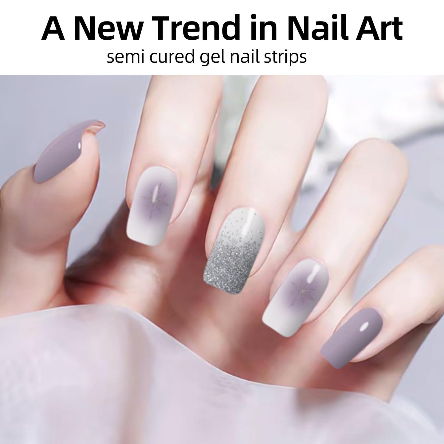 Semi Cured Gel Nail Strips, 56Pcs Nail Art Stickers/Wraps, Long Lasting UV Nail Polish Strips for Adults (Silver Rhinestones+French Tip Glitter) BST220