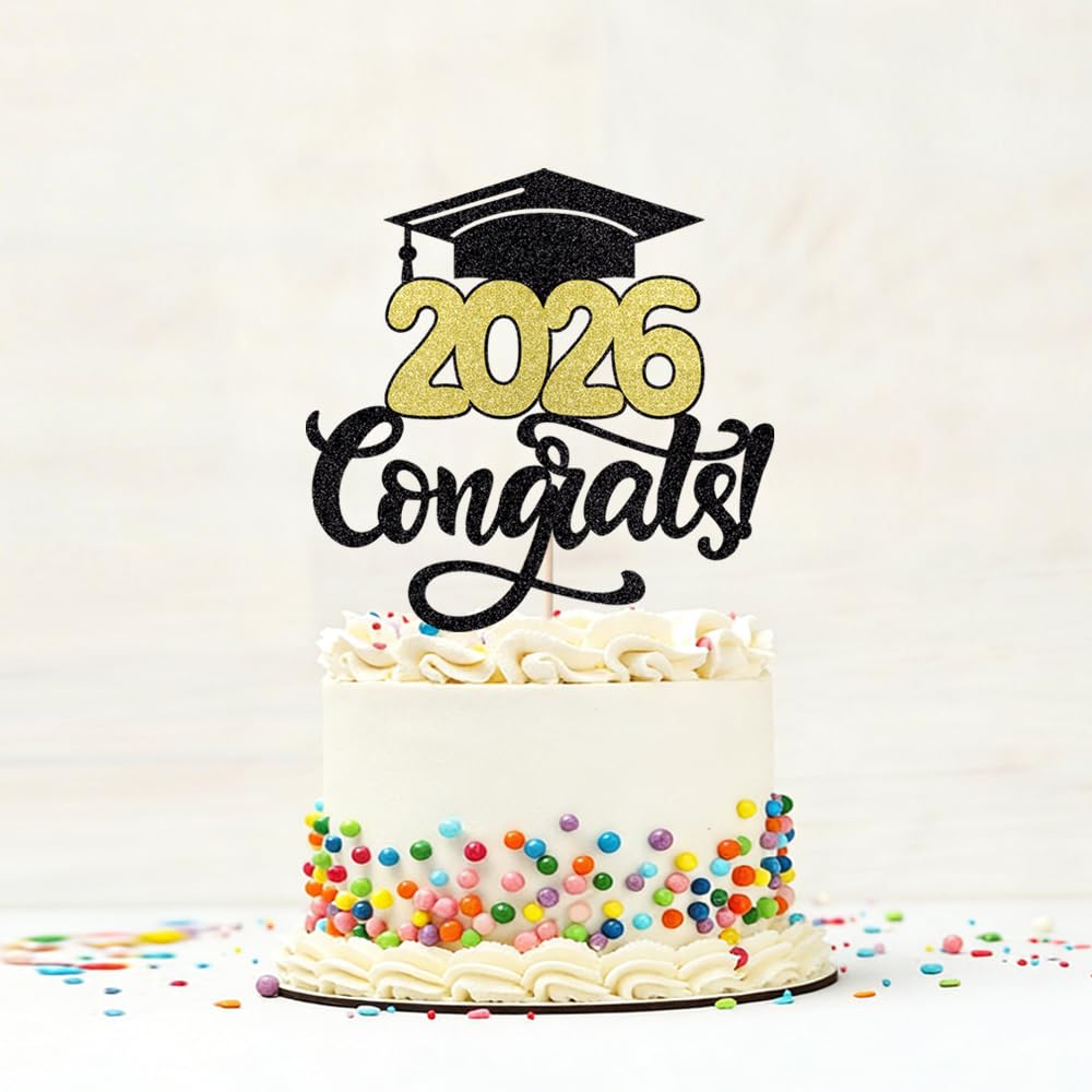 24Pcs Graduation Cupcake Topper, Glitter Class of 2026 Cupcake Topper Supplies for 2026 Congrats Grad Cap Diploma Cake Decor Graduate Celebration Party Cake Decorations Supplies (Black - 24) BST326L
