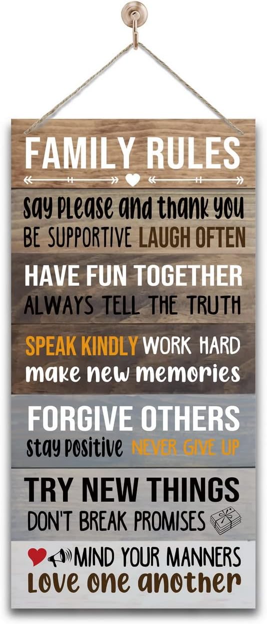 Warm Family Rules Home Sign, Inspirational Family Saying Wood Sign, Rustic Hanging Plaque Art Decor, Home Sign decoration, Farmhouse Wall Decor, Housewarming Gift BST202