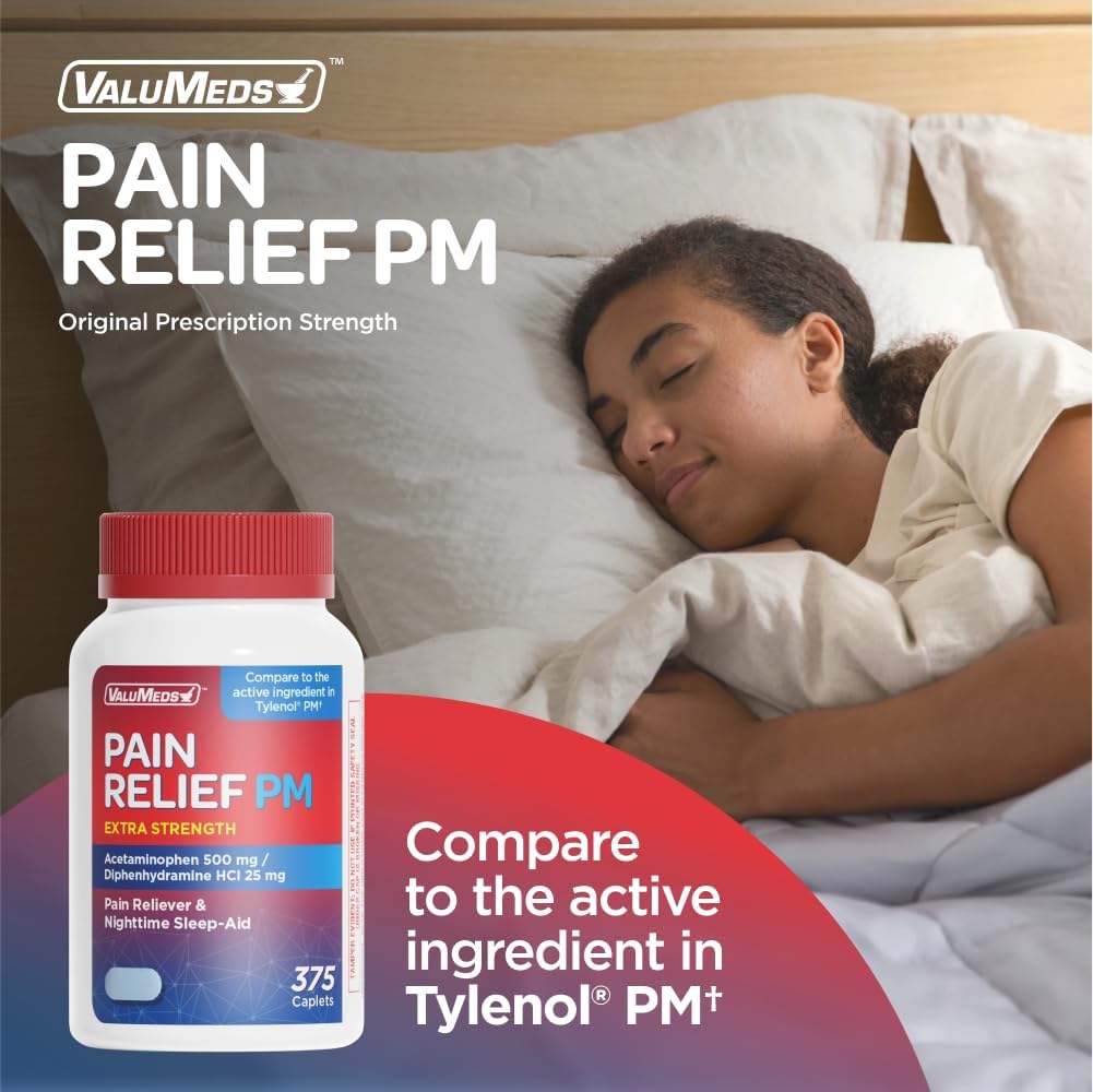 ValuMeds Compare to Tylenol PM PM Pain Reliever & Sleep Aid, Generic Acetaminophen 500mg, Fast-Acting, Extra Strength for Headaches, Migraines, Aches | Non-Habit Forming (375 Count)