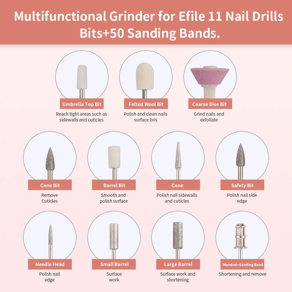 RedFlow Electric Nail Drill, Acrylic Nail Drill Kit, for Nail File Exfoliating Abrasive Nail Drill Machine, with 11 Pcs Nail Drill Bits, Brush,Nail Cutter and 50 Sanding Bands Nail Drill Set (Gold)