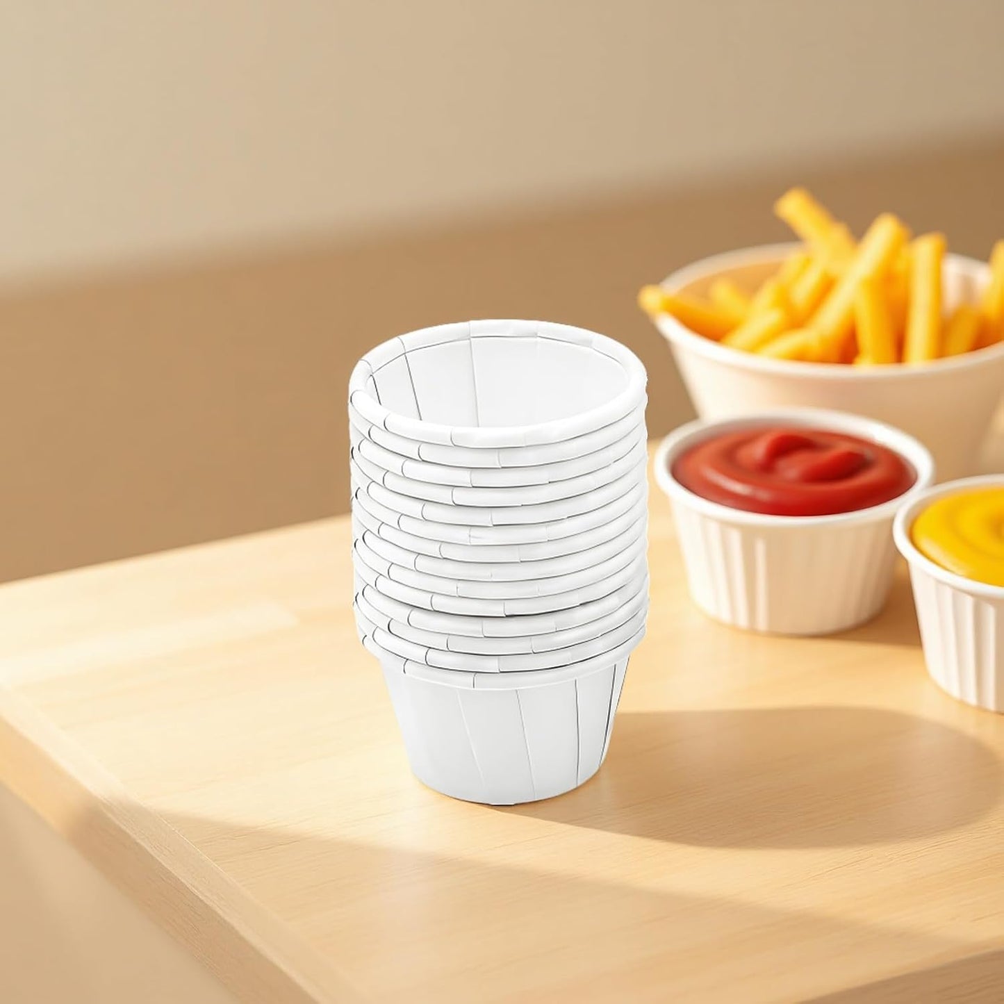 500 Pcs Disposable Food Safe Paper Cups, Waterproof Oil-Proof Condiment Cups with Rolled Rim, Pleated Design, Stable Base for Tasting, Sampling, Sauces, Snacks BST202