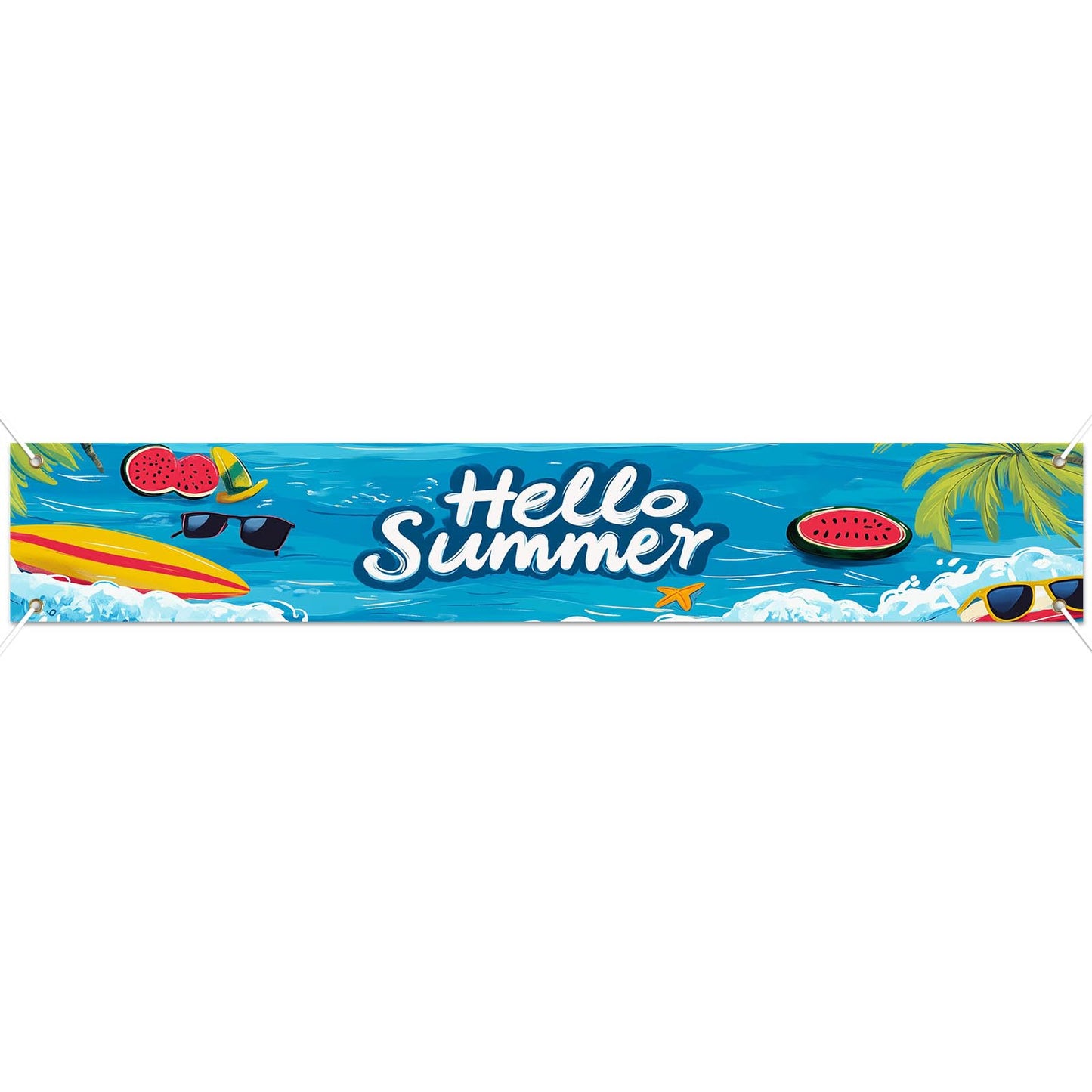 BlissYard Hello Summer Banner 118 x 20 Inch Pool Party Decorations Beach Surfboard Watermelon Tropical Fence Sign Hawaiian Luau Outdoor Backyard Wall Decor BST220