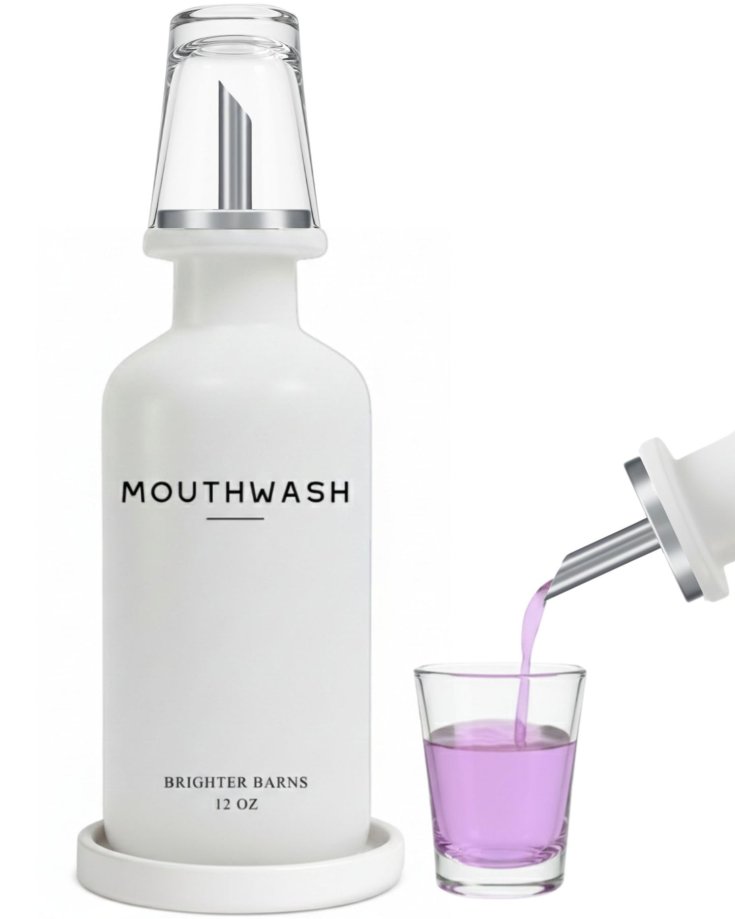 Glass Mouthwash Dispenser for Bathroom by Brighter Barns - Refillable Mouthwash Container with Glass Cup and Tray - Mouth Wash Dispensers for Bathroom Sink, Home Decor, Airbnb, Office, Hotel (Clear) BST326H