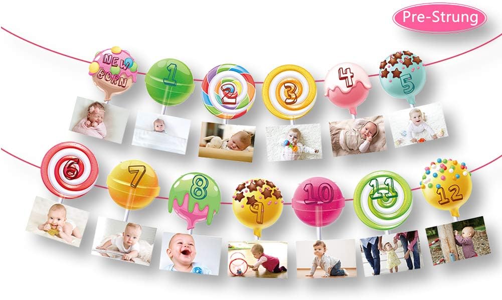 Candyland 1st Birthday Baby Photo Banner for Newborn to 12 Months, Monthly Milestone Photograph Bunting Garland, First Birthday Celebration Decoration (Candyland) BST326L