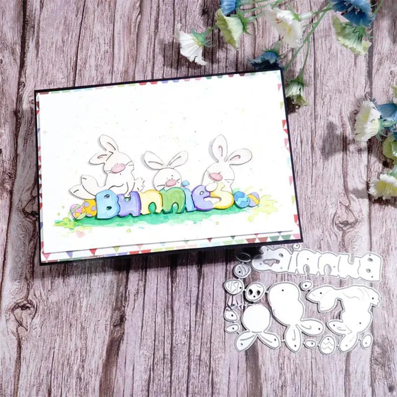 Ester Cute Bunny Rabbit Word Metal Die Cuts,Spring Sunflower Frame Leaf Cutting Dies Cut Stencils for DIY Scrapbooking Album Decorative Embossing Paper Dies for Card Making BST326L