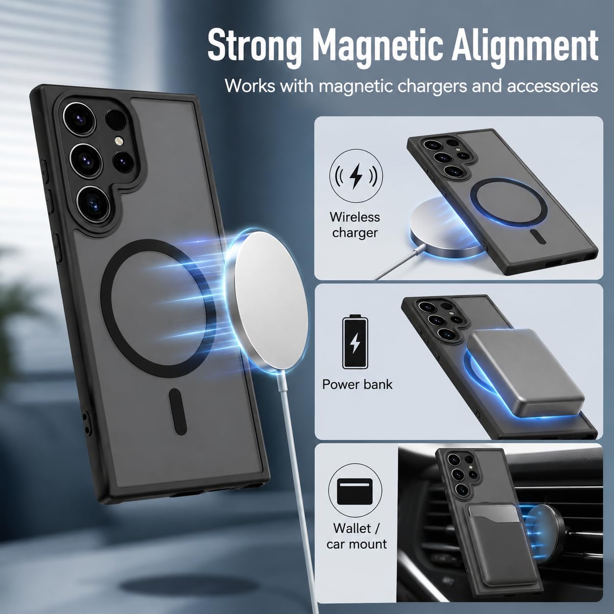 Anti-Fingerprints for Samsung Galaxy S23 Ultra Case Magnetic,[Full Camera Protection] [Compatible with Magsafe Accessories] Frosted Back Cover for Galaxy S23 Ultra 6.8", Black WN420