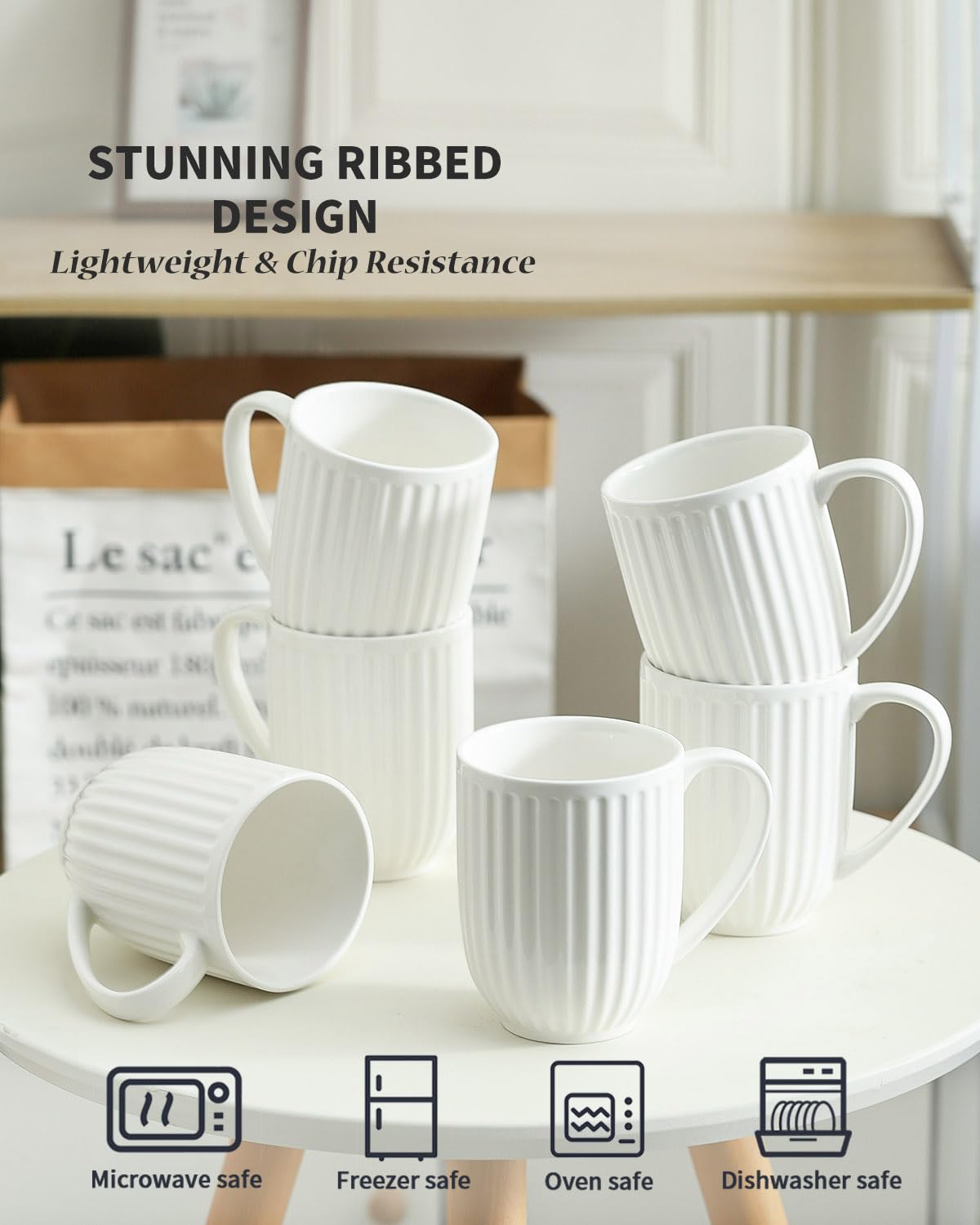 HASENSE Textured Large Coffee Mugs Set of 4, 16 Oz Ribbed Ceramic Cups with Large Handle for Latte Tea Cappuccino, Stackable Embossed Mug Set for Mom Dad, Microwave Dishwasher Safe, Creamy White BST220