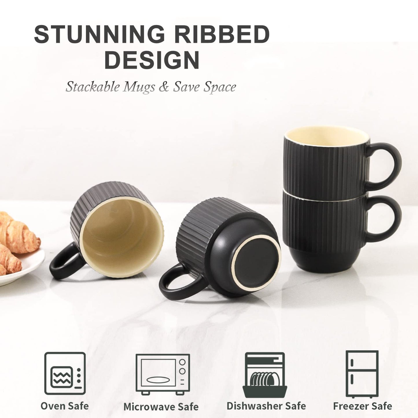 HASENSE 15 oz Ribbed Stackable Coffee Mug Set of 4, Porcelain Latte Cups with Metal Rack, Dishwasher & Microwave Safe, Cappuccino Tea Hot Cocoa, White BST220