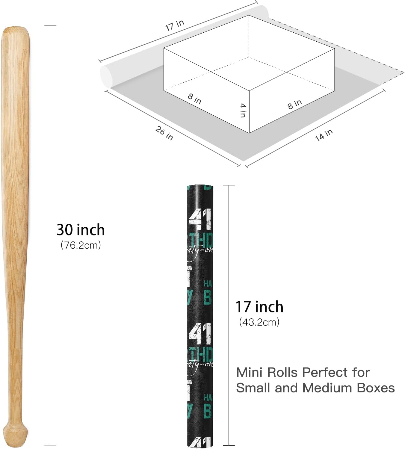 RUSPEPA Birthday Wrapping Paper for Man - Mini Roll - HAPPY 41st BIRTHDAY Text Design for Men's or Father's Birthday Party Gift Wrap and Special Occasions - 17 inches x 16.4 feet - 41 Year Old BST326L