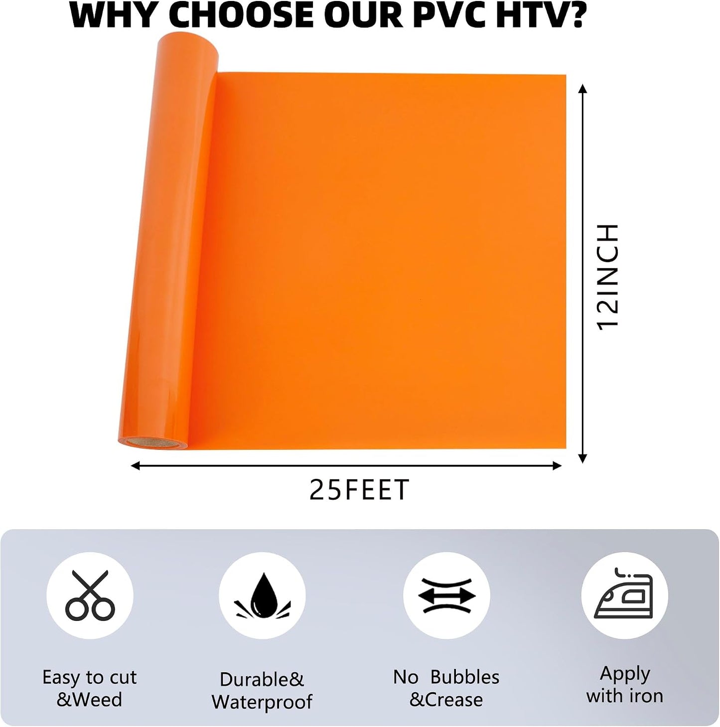 Orange Heat Transfer Vinyl Rolls - 12Inch by 25ft Roll HTV Iron on Vinyl DIY for T-Shirt, Easy to Cut & Weed for Heat Transfer Design Glossy (Orange, 25FT) WN420