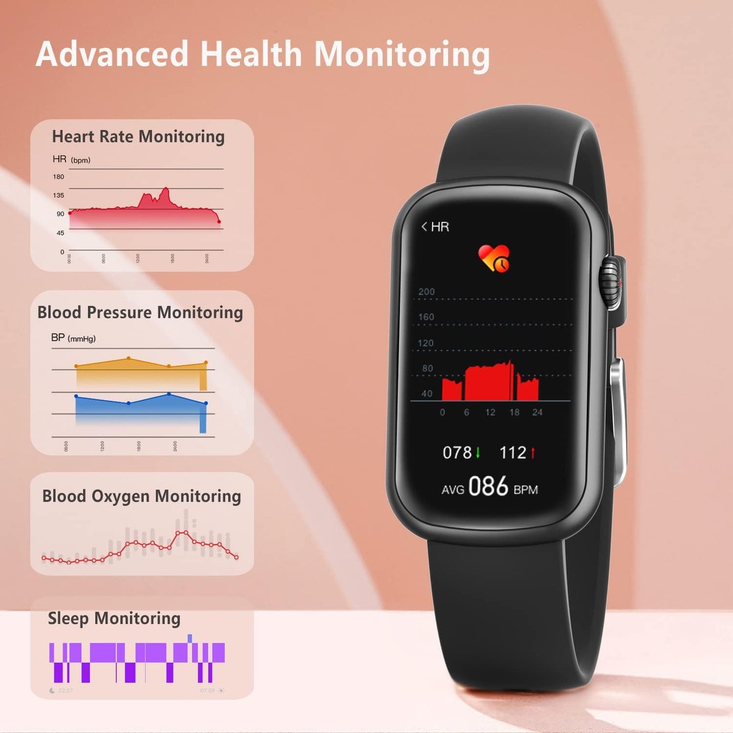 HM08 Slim Fitness Tracker with Blood Oxygen, Blood Pressure, 24/7 Heart Rate and Sleep Tracking 82