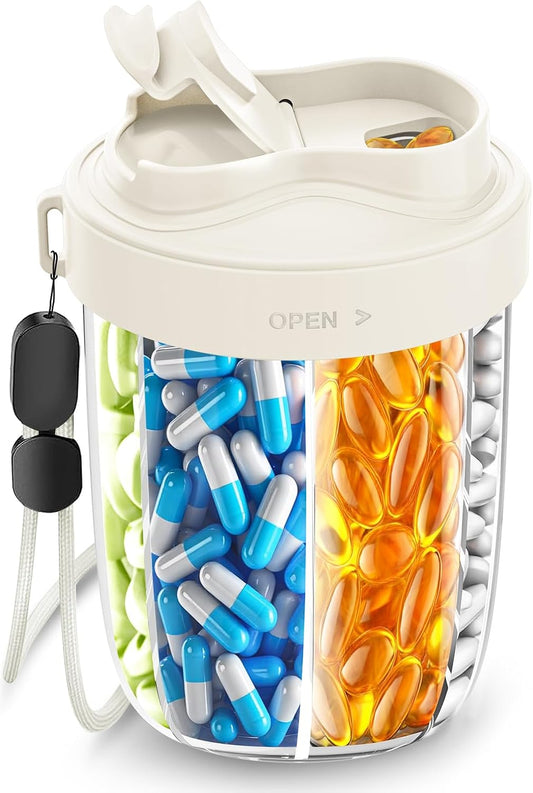 Pill Dispenser with 7 Large Compartments - Portable Pill Organizer for Travel, Anti-Mix Design & Wide Opening Design, Easy Access to Vitamin Dispenser, Includes 20 Blank Stickers (White) WN420