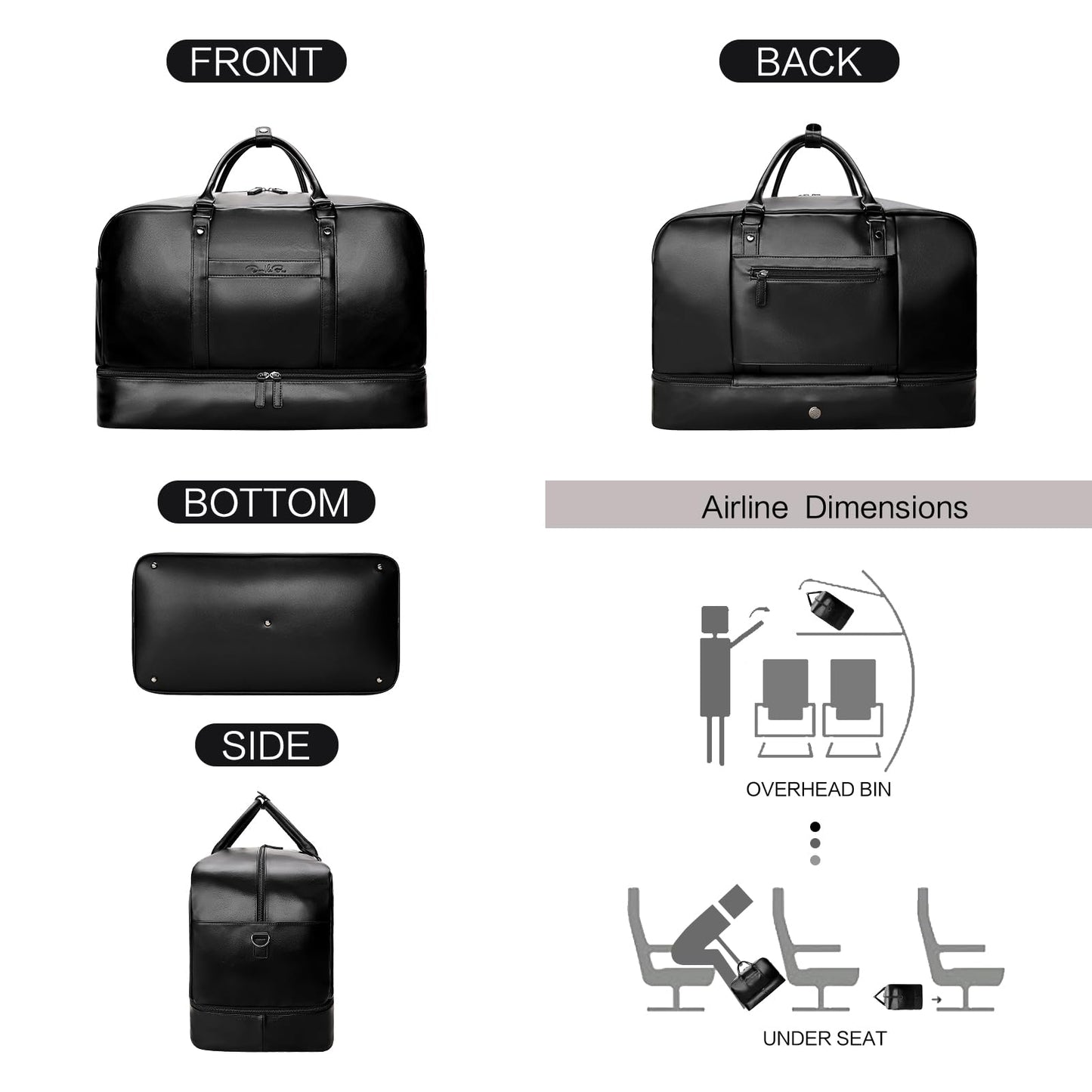 Large 4-in-1 Leather Duffle Bag for Travel Weekender Overnight Hospital Gym Bag for Men & Women, Carry On Airline Approved Personal Item Duffel Garment Bag Luggage with Shoe Compartment & Toiletry Bag BST326H