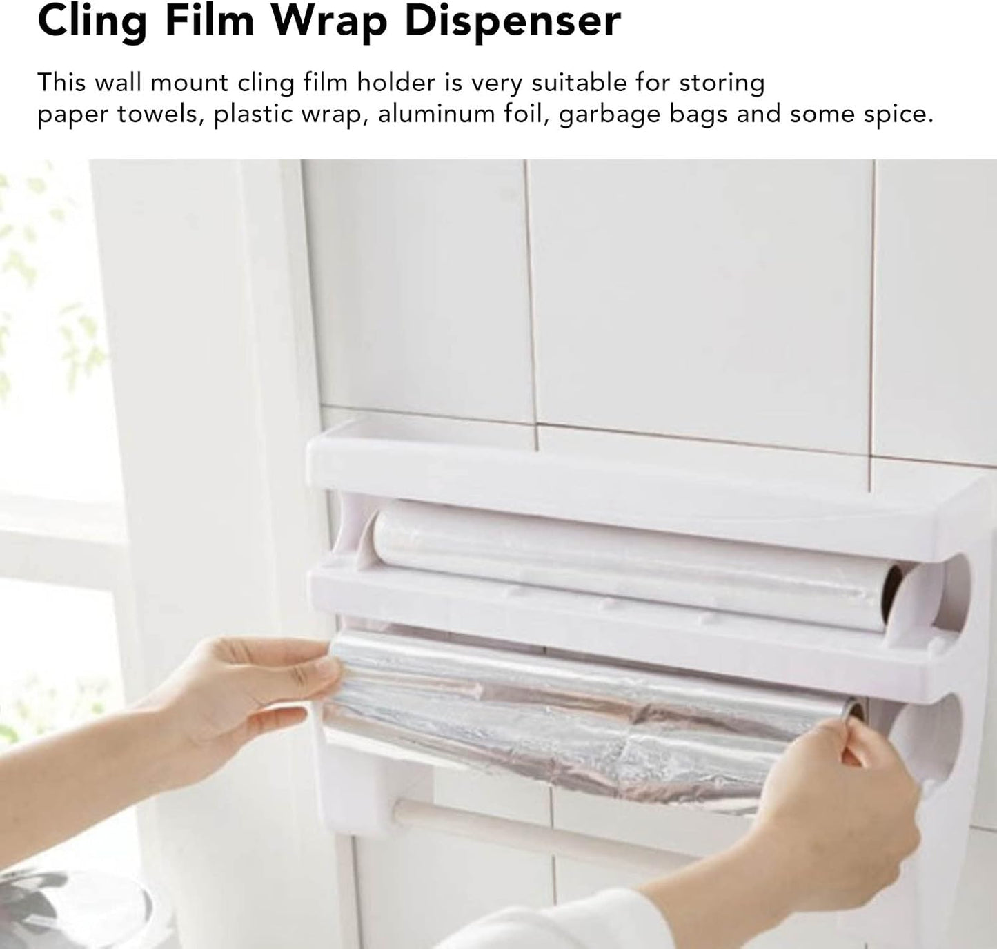 Plastic Wrap Dispenser Wall Mounted Paper Towel Holder with Side Button Inside Cutter No Drill Easy Installation Multifunctional Storage for Kitchen Cling Film Aluminum Foil Garbage Bags BST202