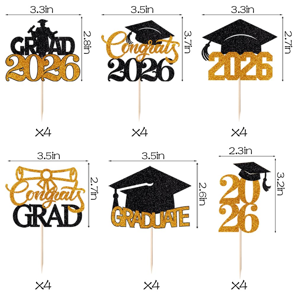 24Pcs Graduation Cupcake Topper, Glitter Class of 2026 Cupcake Topper Supplies for 2026 Congrats Grad Cap Diploma Cake Decor Graduate Celebration Party Cake Decorations Supplies (Black - 24) BST326L