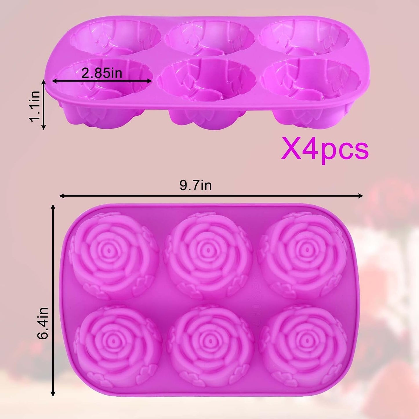 Vodolo Rose Ice Cube Mold,4 PCS Silicone Rose Ice Cube Tray,Valentine Day Gift Flower Shaped Molds for Chocolate,Candy,Mimosas,Cake,Cocktails,Baking BST202