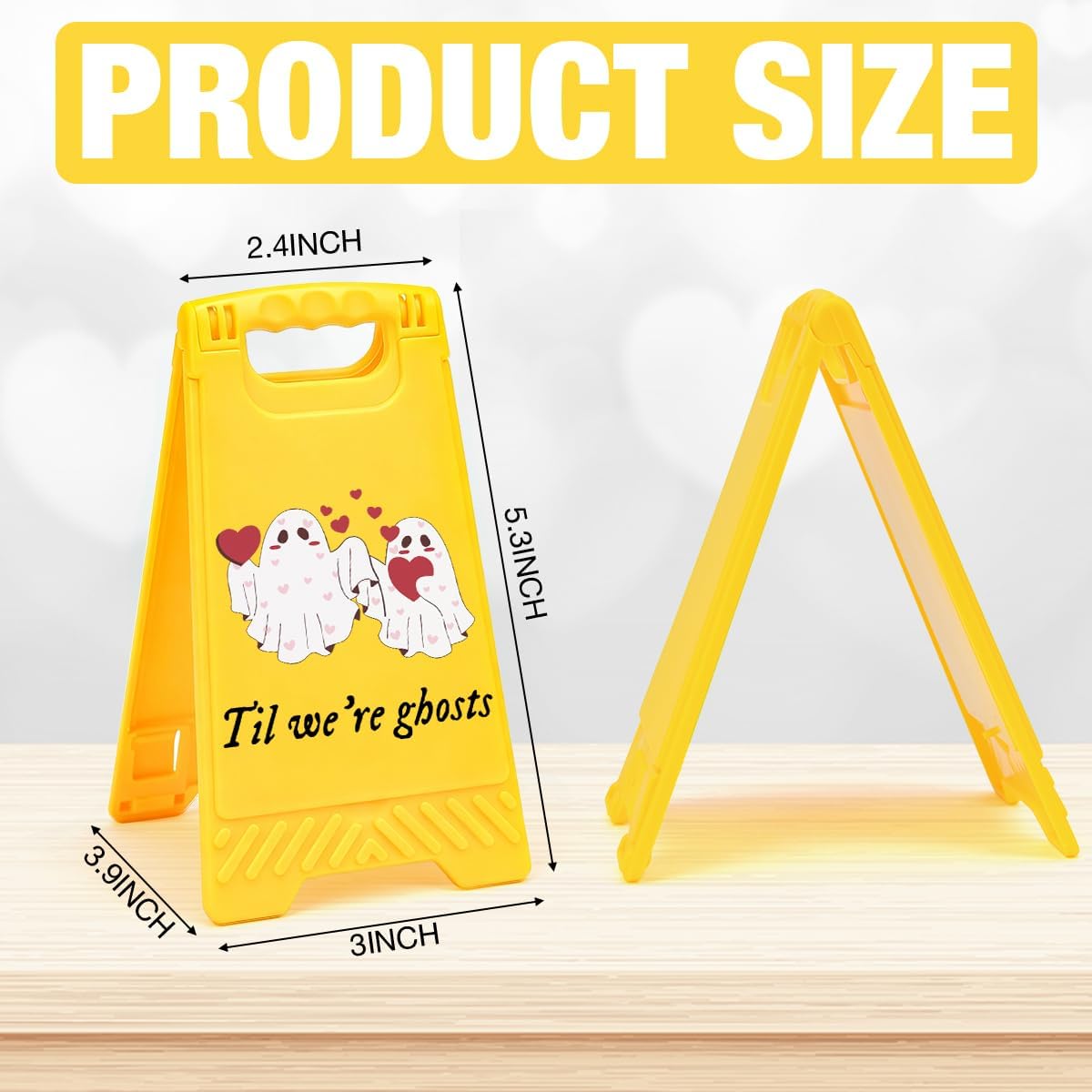Cute I Love You Valentine's Day Til We're Ghosts Desk Sign Yellow Warning Style Table Decor Valentine's Day Gift for Boyfriend Girlfriend Husband Wife Tabletop Cubicle Phone Holder Mirror Stand BST202