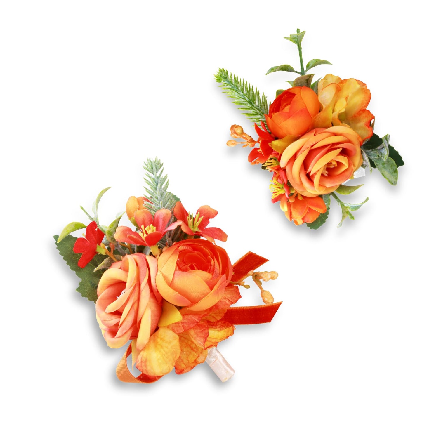 Prom Corsage And Boutonniere Set Orange – Artificial Silk Wrist Corsage & Boutonniere For Men Wedding – Groom Boutonniere For Prom, Homecoming, Courthouse Wedding, White Rose Corsage Wristlet Gift Set BST202