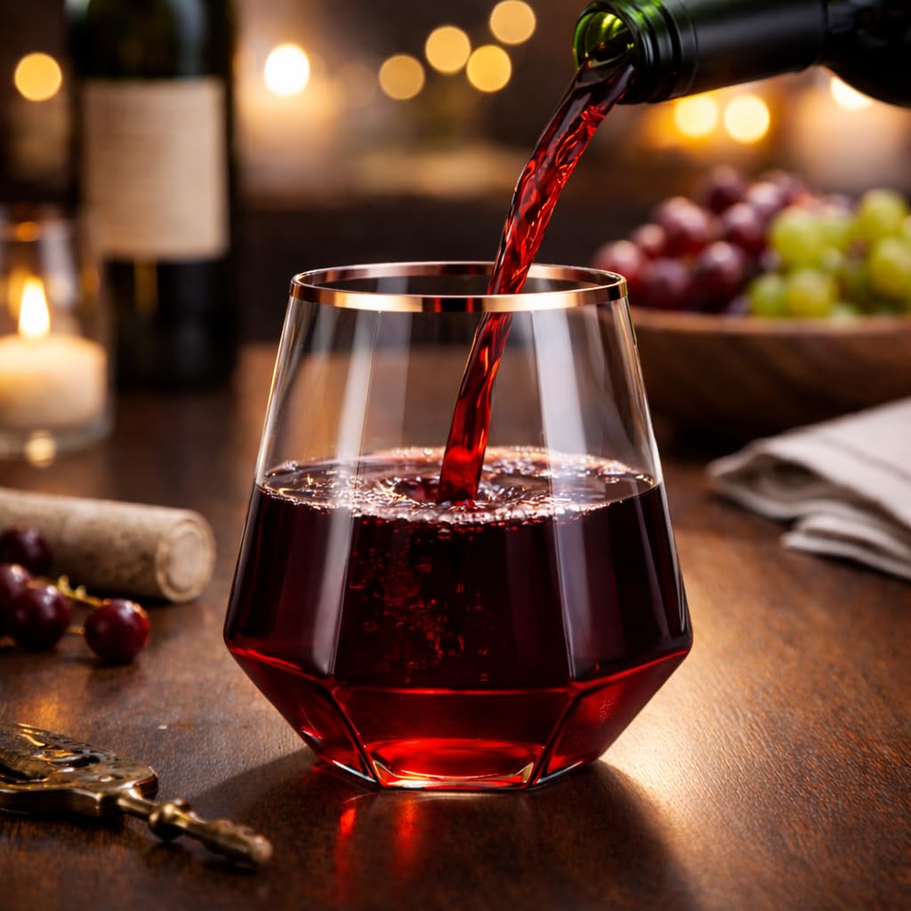 Oojami 40 Pack Diamond Disposable Plastic Wine Glasses 12oz for Parties | Stemless Wine Cups, Champagne Cocktail Whiskey - Shatterproof Unbreakable Reusable Recyclable BPA-Free, Weddings Birthday BST220