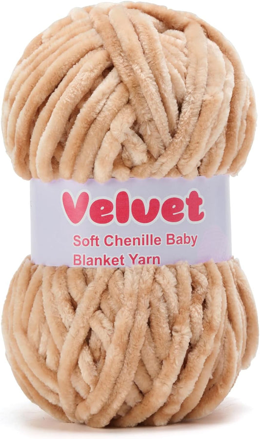 Soft Velvet Chenille Yarn for Crocheting & Knitting - Bulky Yarn for DIY Weaving Crafts Beige (3.5oz 66yds/Skein) BST326H