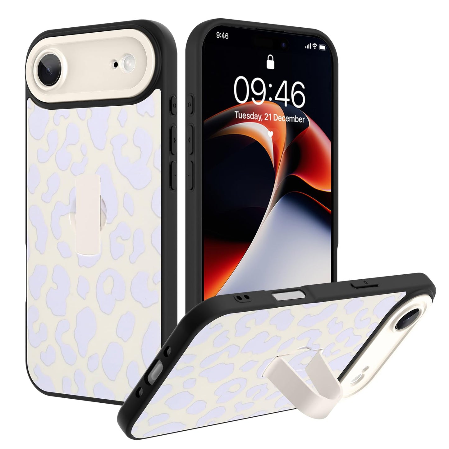 Compatible with iPhone 13 Case, Cute Cheetah Leopard Pattern | Built in Adjustable Wrist Strap Grip Hand Holder Stand Shockproof Kickstand Cover for Women Girls (Black White) WN420